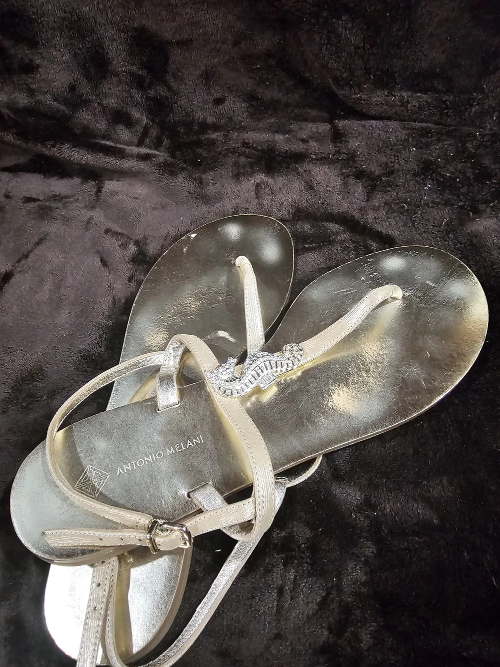 ANTONIO MELANI Metallic Silver T-Strap Sandals with Crystal Seahorse Accent